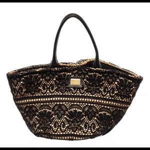 Dolce & Gabbana Black Neutral Lace Straw Kendra Tote Bag